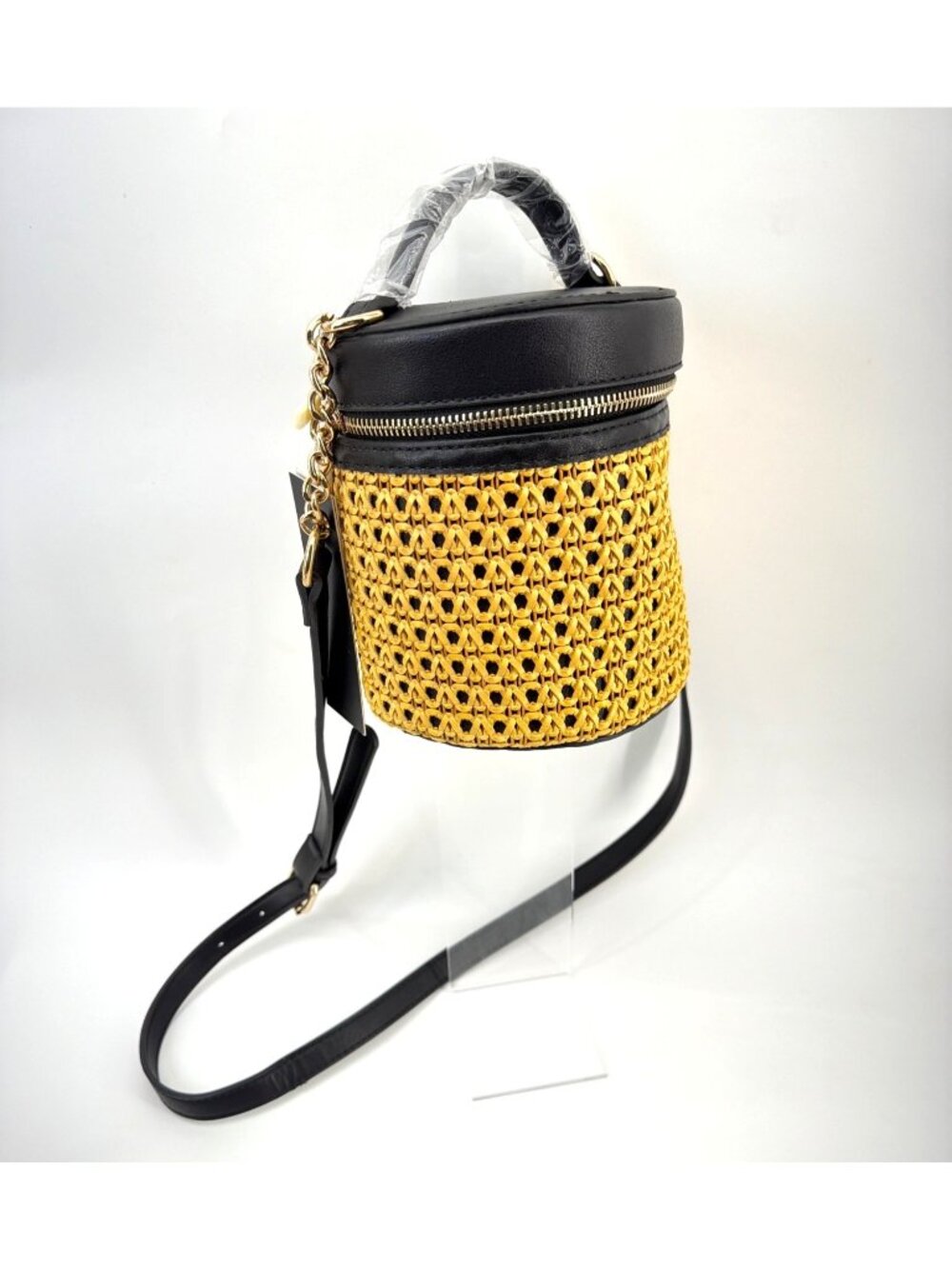 Isabelle Round Vegan Leather Woven Bucket Bag Adjustable Strap Gold Hardware